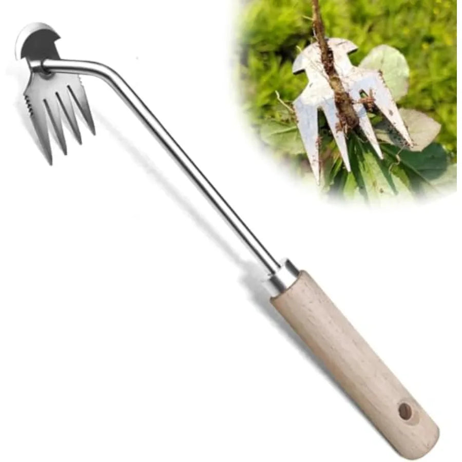 Manual Weed Puller Tool 4-Claw Steel Head Wooden Handle Hand Garden Weeder